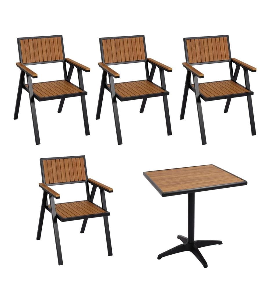 4er-Set Gartenstuhl Gartentisch Outdoor Alu schwarz teak