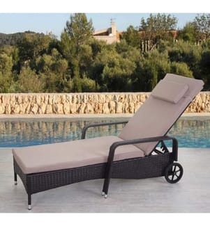 Chaise longue Carrara Chaise longue de jardin en rotin avec roulettes Marron Coussin beige