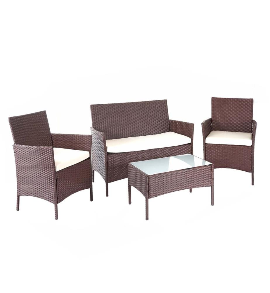 Salon de jardin en rotin Lounge 7pcs brun-mélangé avec coussins crème