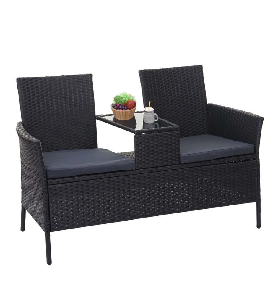 Rotin Banc de jardin avec table 132 cm - noir Coussin gris foncé