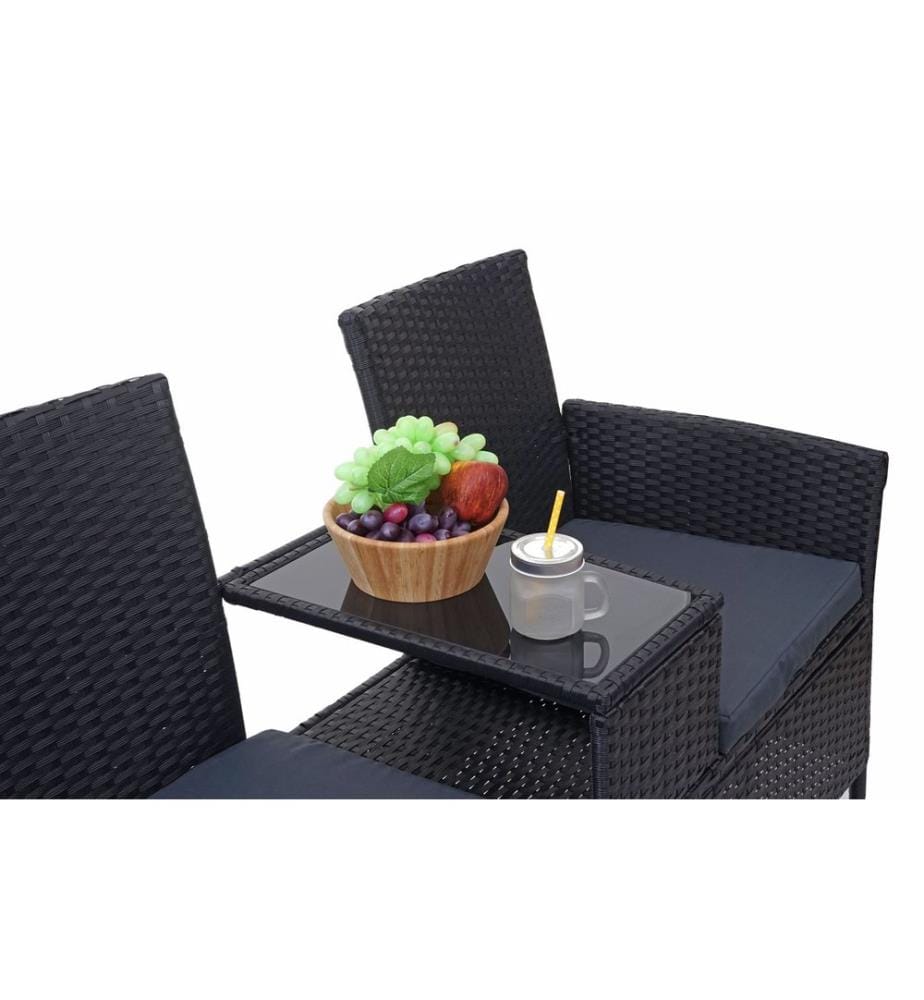 Rotin Banc de jardin avec table 132 cm - noir Coussin gris foncé