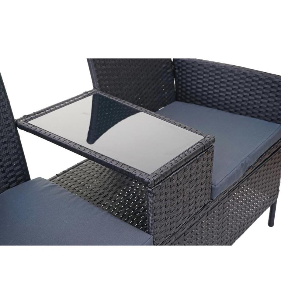Rotin Banc de jardin avec table 132 cm - noir Coussin gris foncé