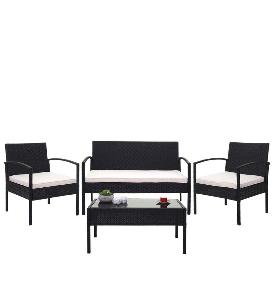 Balcony seating group poly rattan 7-piece set lounge black, cushions cream