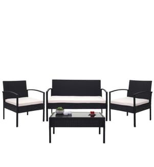 Salon de balcon en poly rotin 7 pièces, salon noir, coussins crème