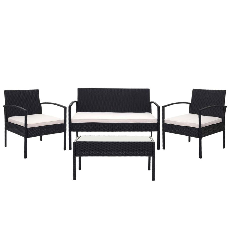 Balcony seating group poly rattan 7-piece set lounge black, cushions cream