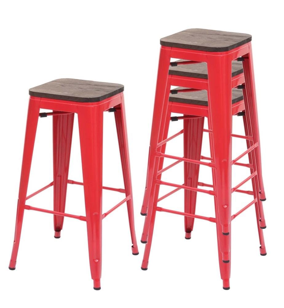 4x Barhocker Metall mit Holz-Sitzflächen Industriedesign - rot