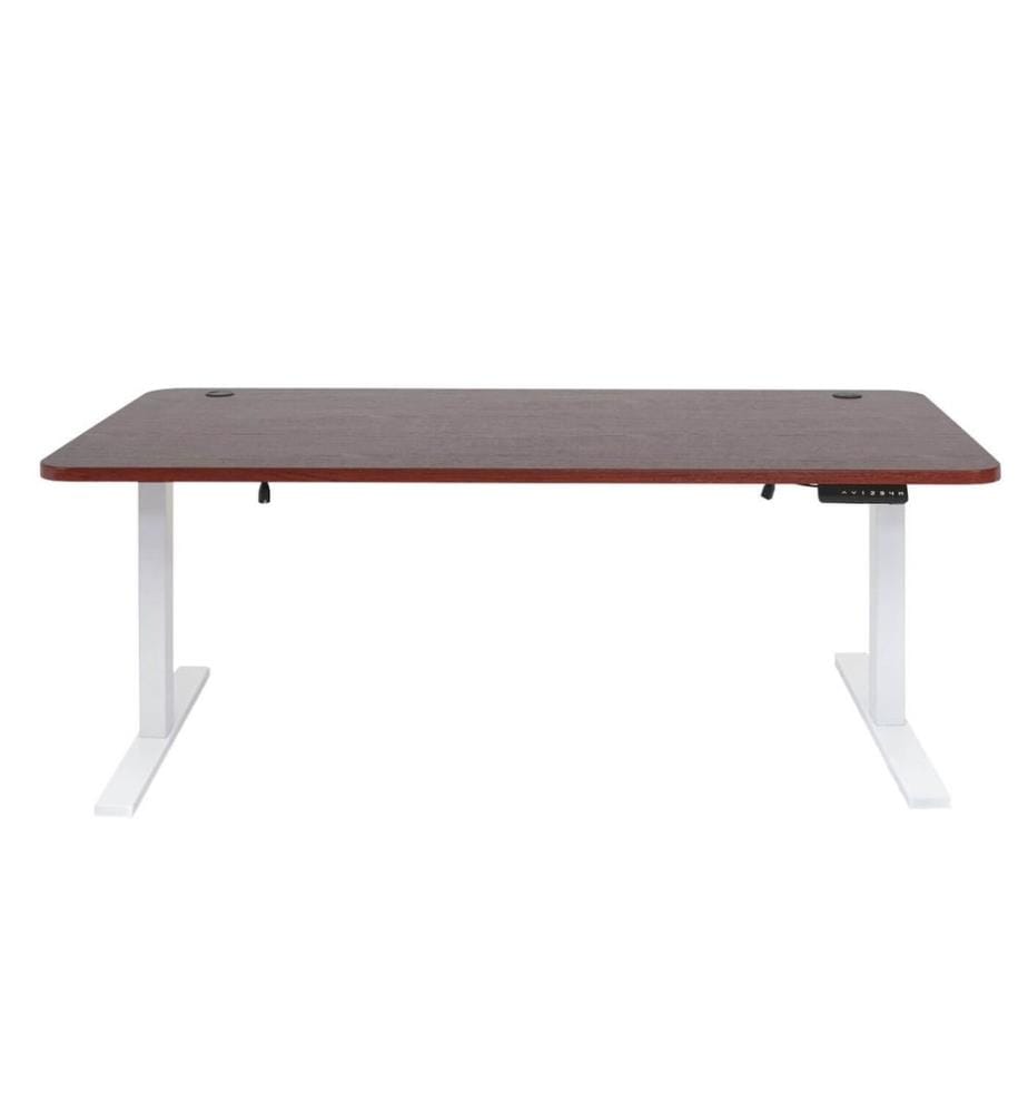 Standing desk electrically height-adjustable with memory cherry decor, white
