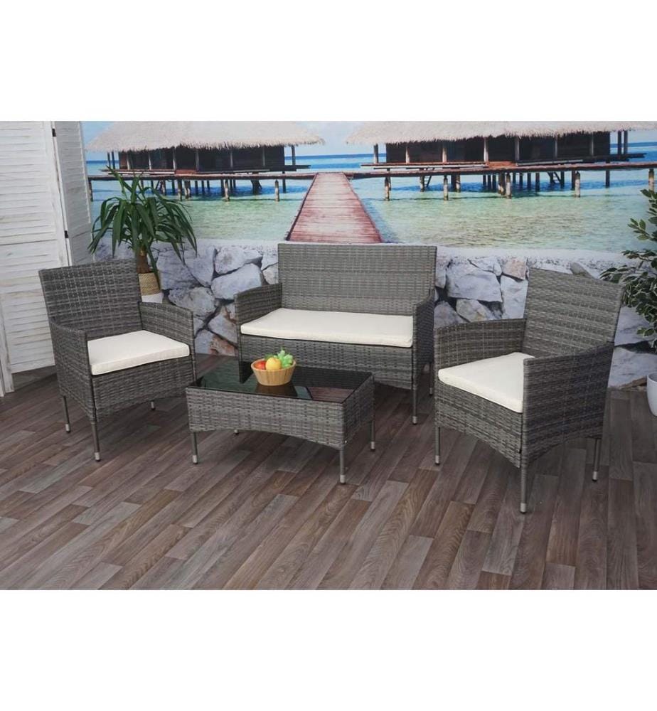Balcon Salon Poly-Rattan 7pcs. Salon gris Coussin crème