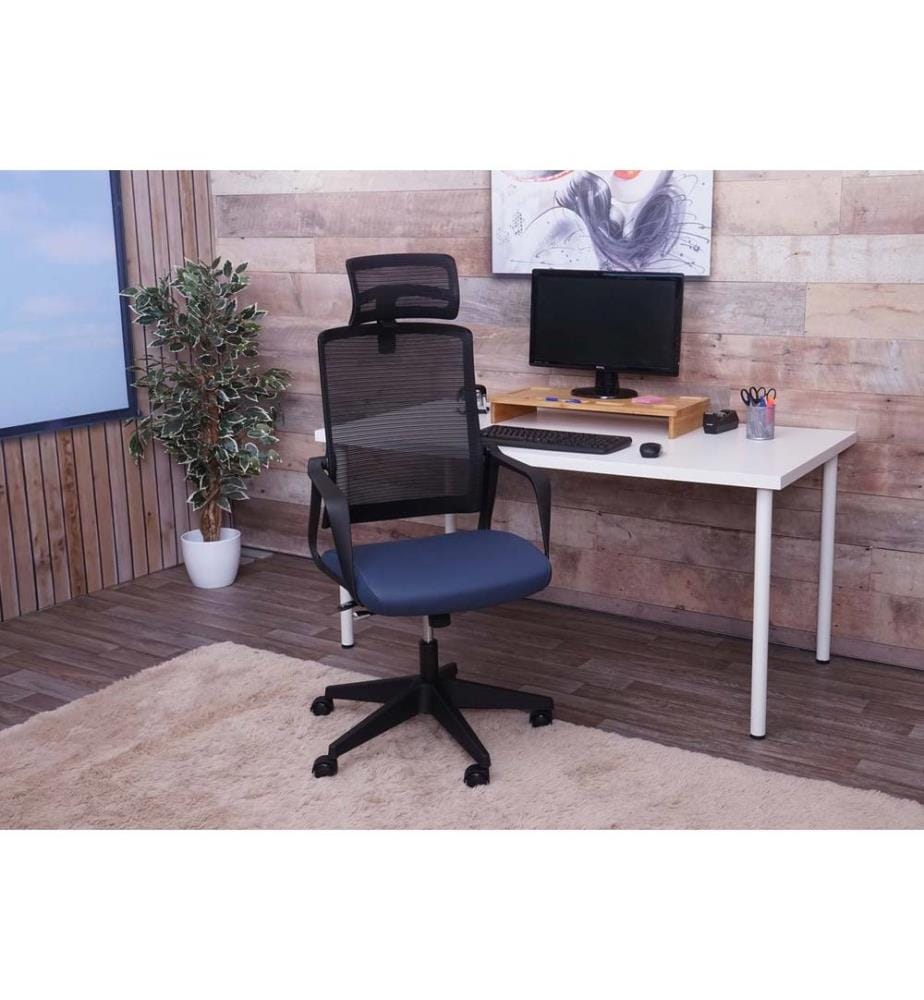Bürostuhl JAM-J52 ergonomisch mit Kopfstütze Kunstleder blau-grau