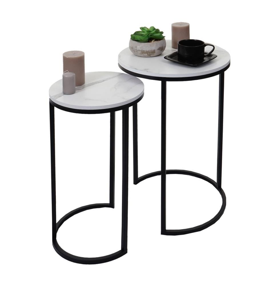 Lot de 2 tables d'appoint JAM-K46 aspect marbre FSC blanc-noir