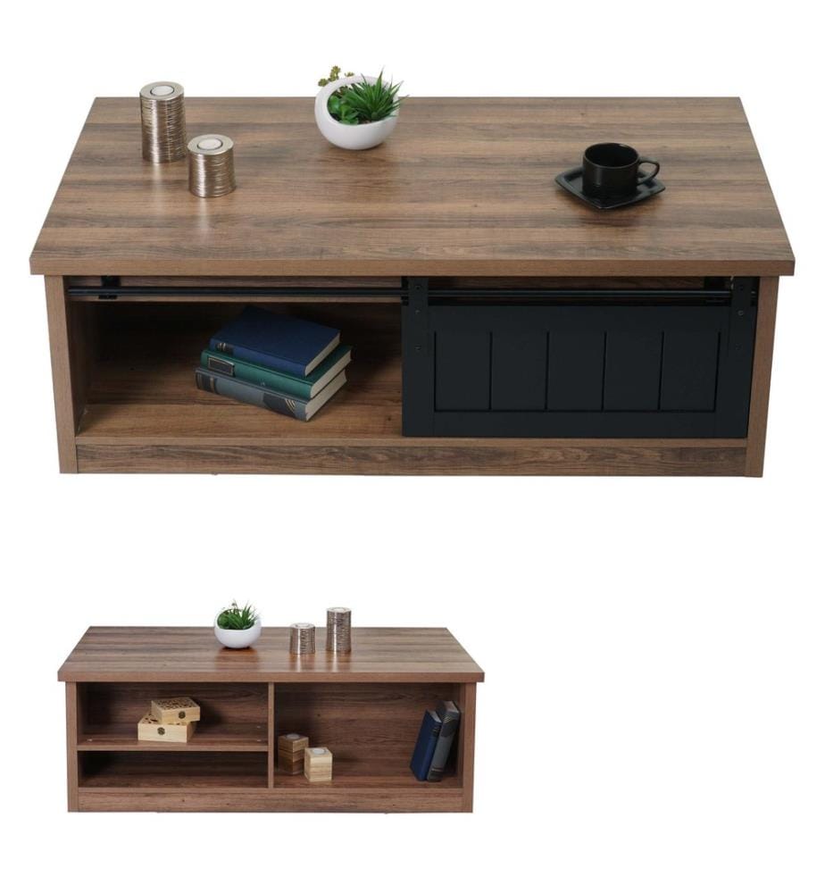 Table basse avec porte coulissante 6 espaces de rangement imitation bois métal 44x120x60 cm