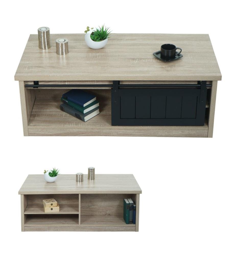 Couchtisch mit Schiebetüre 6 Staufäche Holz-Optik Metall 44x120x60 cm
