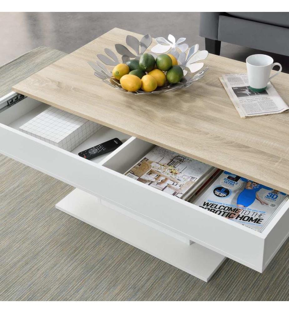 Table basse Lünen 40x110x60 cm avec 2 compartiments de rangement imitation chêne blanc