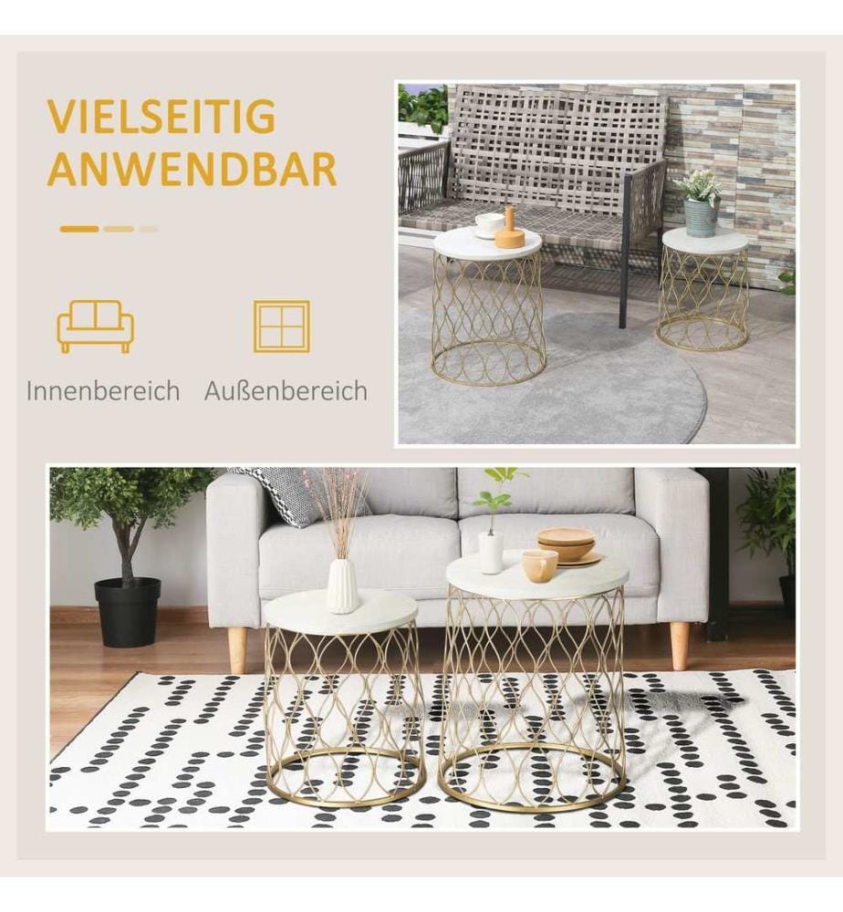 2er-Set Gartentische Retro Drahtkorb Design Gold-Weiss