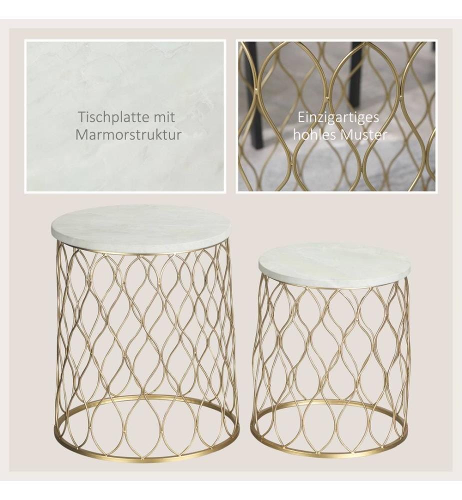2er-Set Gartentische Retro Drahtkorb Design Gold-Weiss