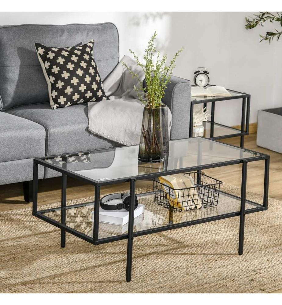 Table d'appoint Table basse en verre avec étagère Noir