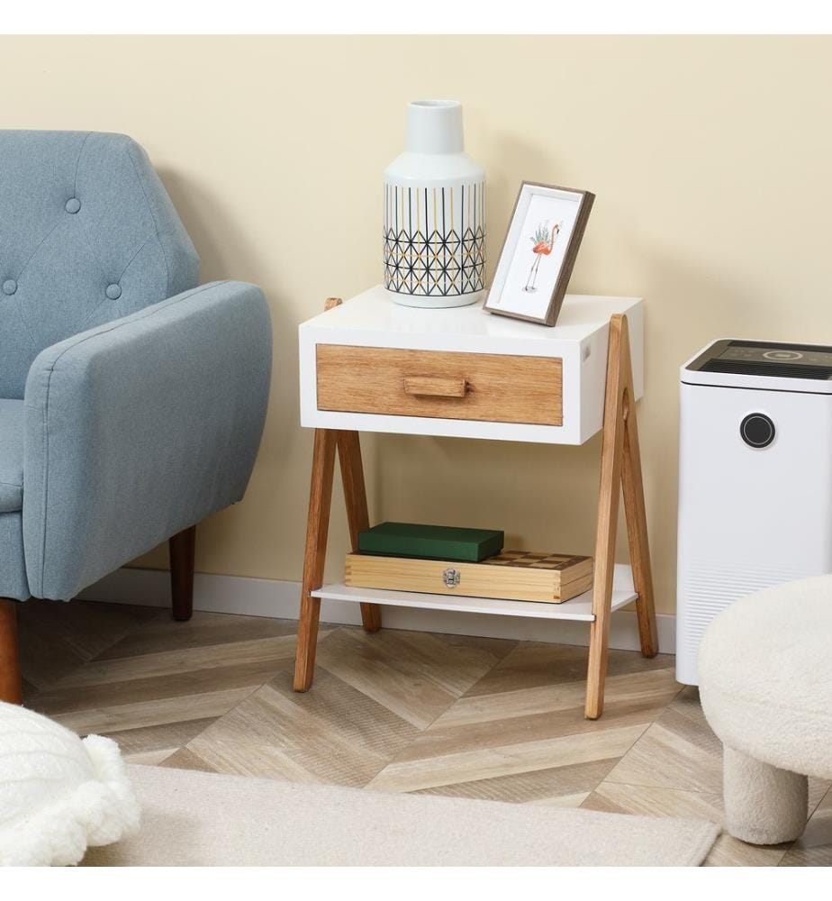 Table de nuit d'appoint avec tiroir Design Skandi blanc-marron