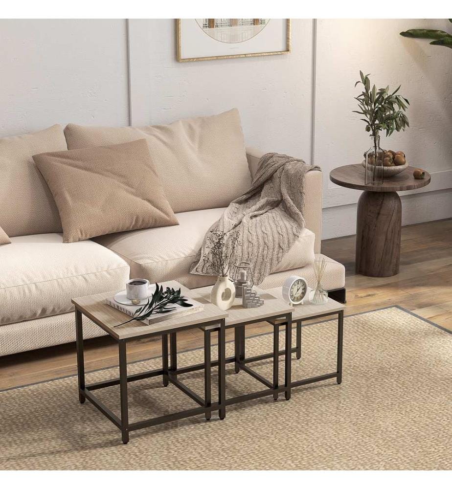 Lot de 3 tables basses d'appoint avec cadre en acier noir-naturel
