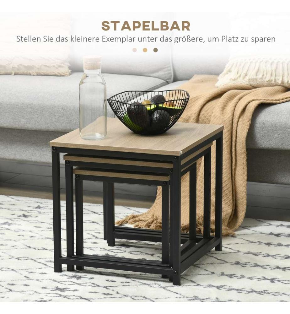 Lot de 3 tables basses d'appoint avec cadre en acier noir-naturel