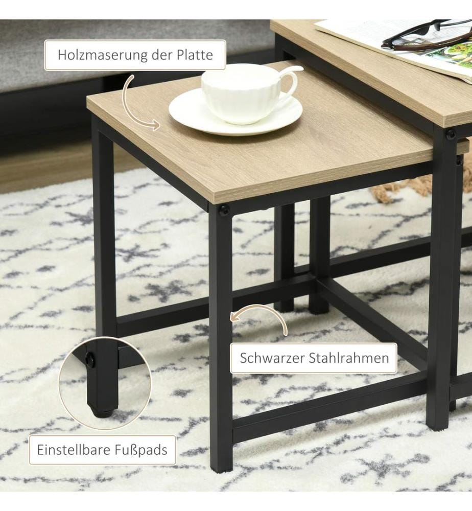 Lot de 3 tables basses d'appoint avec cadre en acier noir-naturel