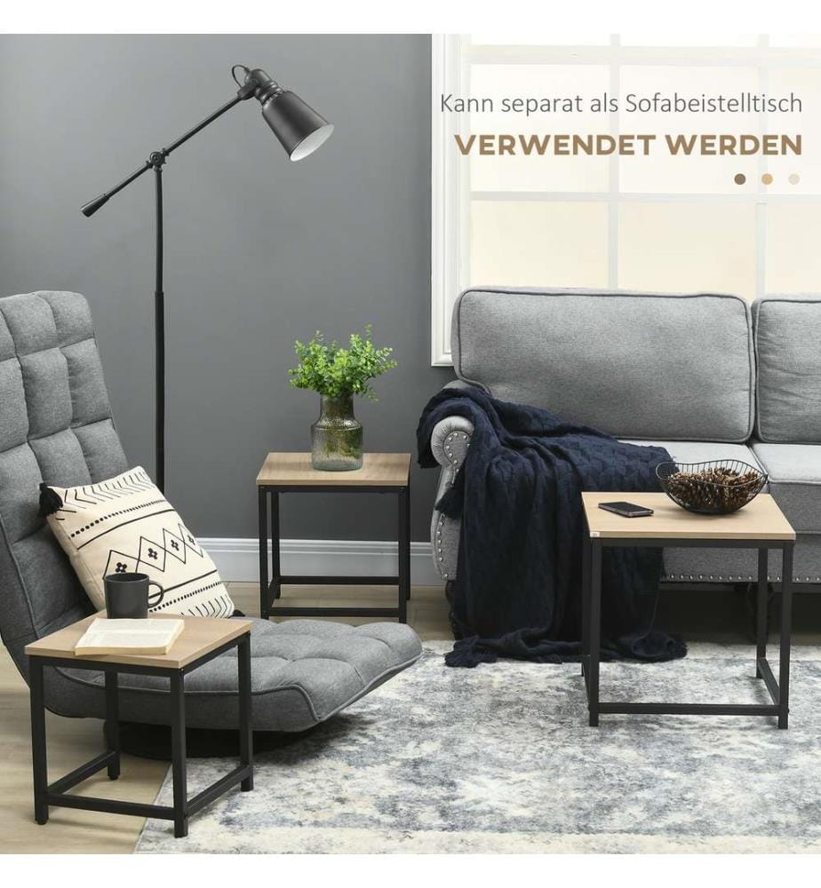 Lot de 3 tables basses d'appoint avec cadre en acier noir-naturel