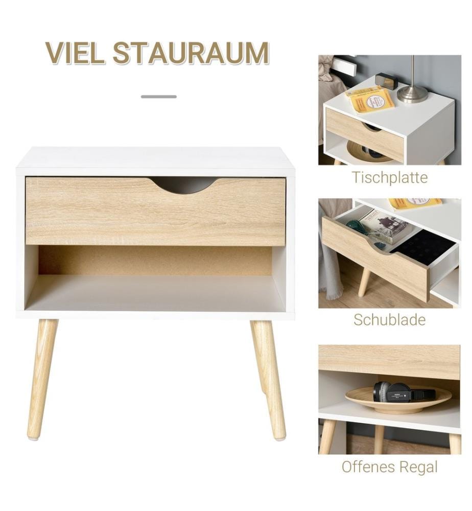 Nachttisch mit Schublade und Ablagen gerundet Weiss Eiche