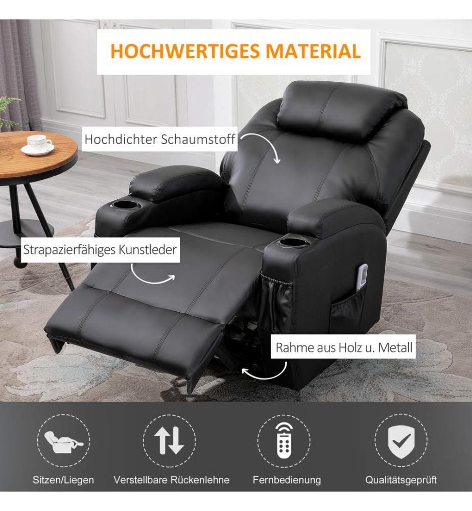 Massagesessel Fernsehsessel mit Liegefunktion Schwarz