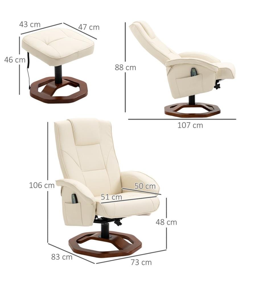 Massagesessel mit Fussstütze 360° drehbar Creme