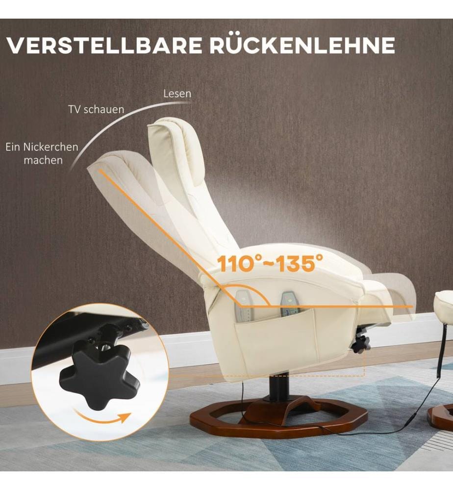 Massagesessel mit Fussstütze 360° drehbar Creme