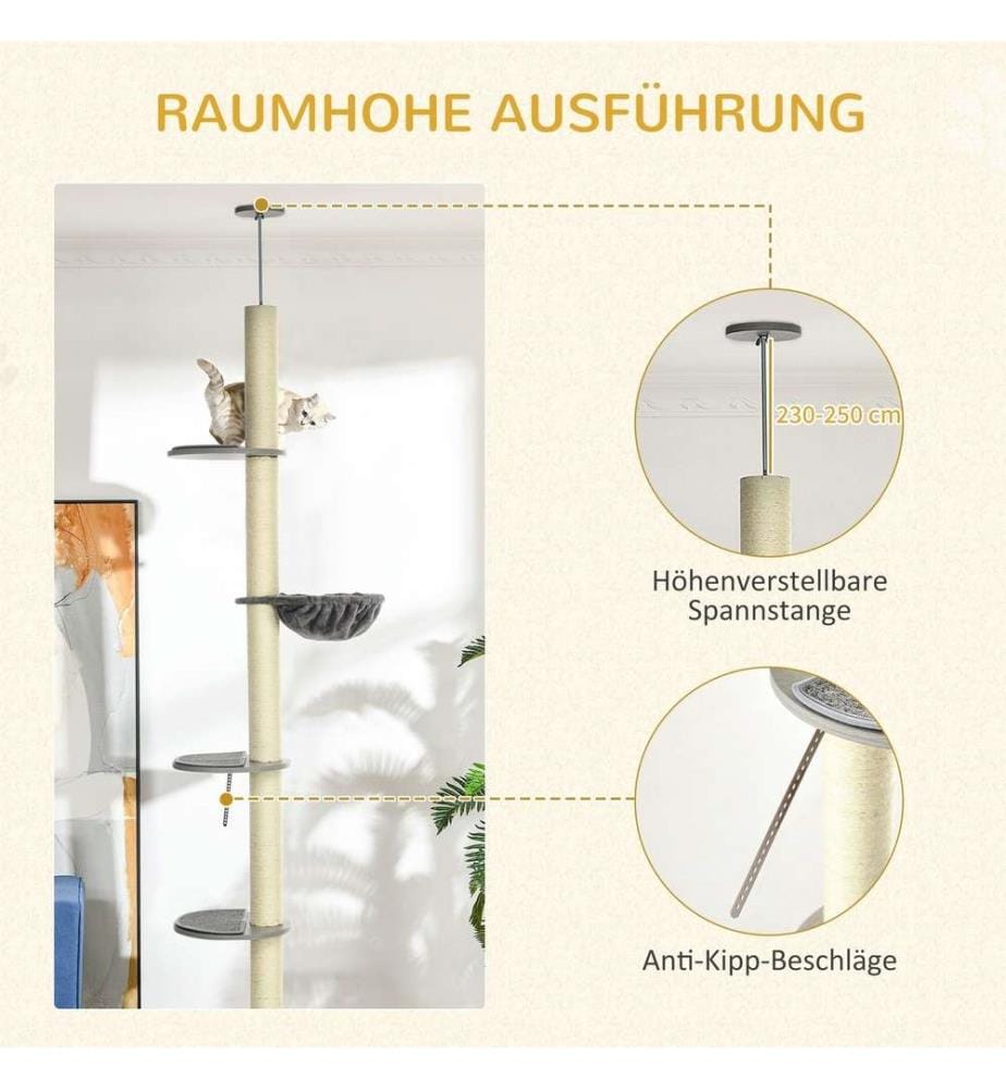 Arbre à chat hauteur plafond 230-250 cm avec hamac