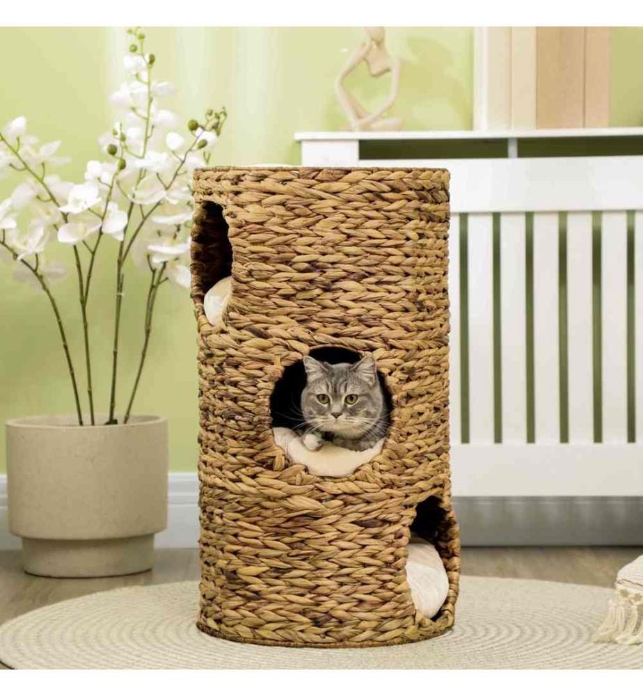 Tonneau griffoir hauteur 73 cm avec coussin et 3 cavités en jacinthe d'eau