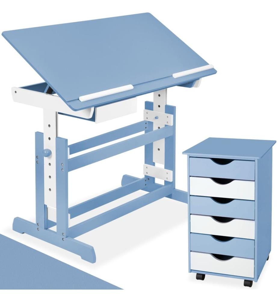 Schreibtisch höhenverstellbar und Rollcontainer - blau