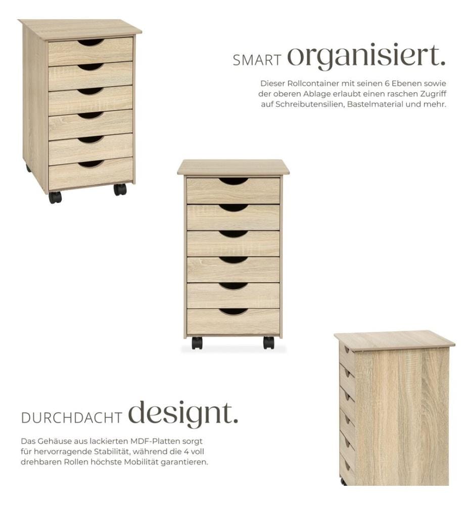 Rollcontainer aus Holz 65x36x40 cm - Holz hell, Eiche Sonoma