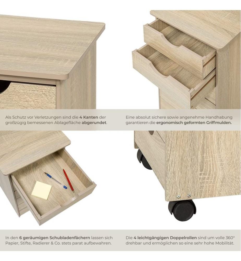 Rollcontainer aus Holz 65x36x40 cm - Holz hell, Eiche Sonoma