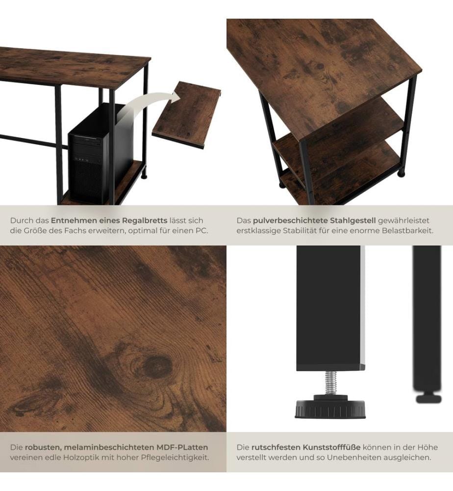 Bureau informatique DONEGAL 140x60x76,5 cm - Bois foncé industriel, rustique