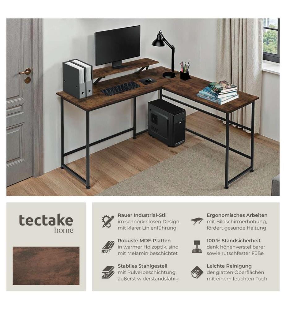 Bureau MELROSE 140x130x76,5 cm - Bois foncé industriel, rustique