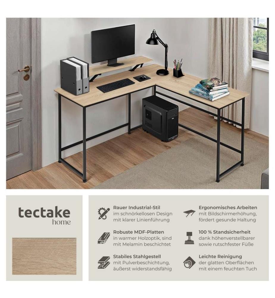 Bureau MELROSE 140x130x76,5 cm - Bois clair industriel, Chêne Sonoma