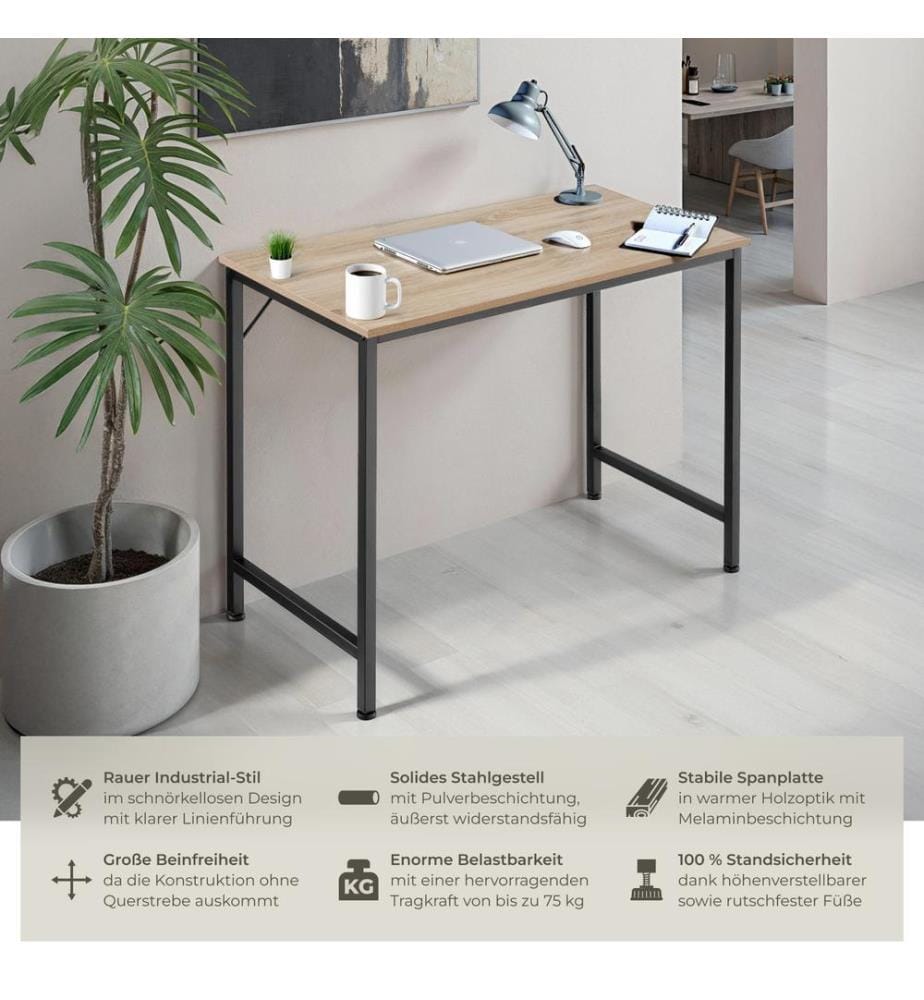 Desk Jenkins - computer, writing, study table - industrial wood light, oak Sonoma, 140 cm