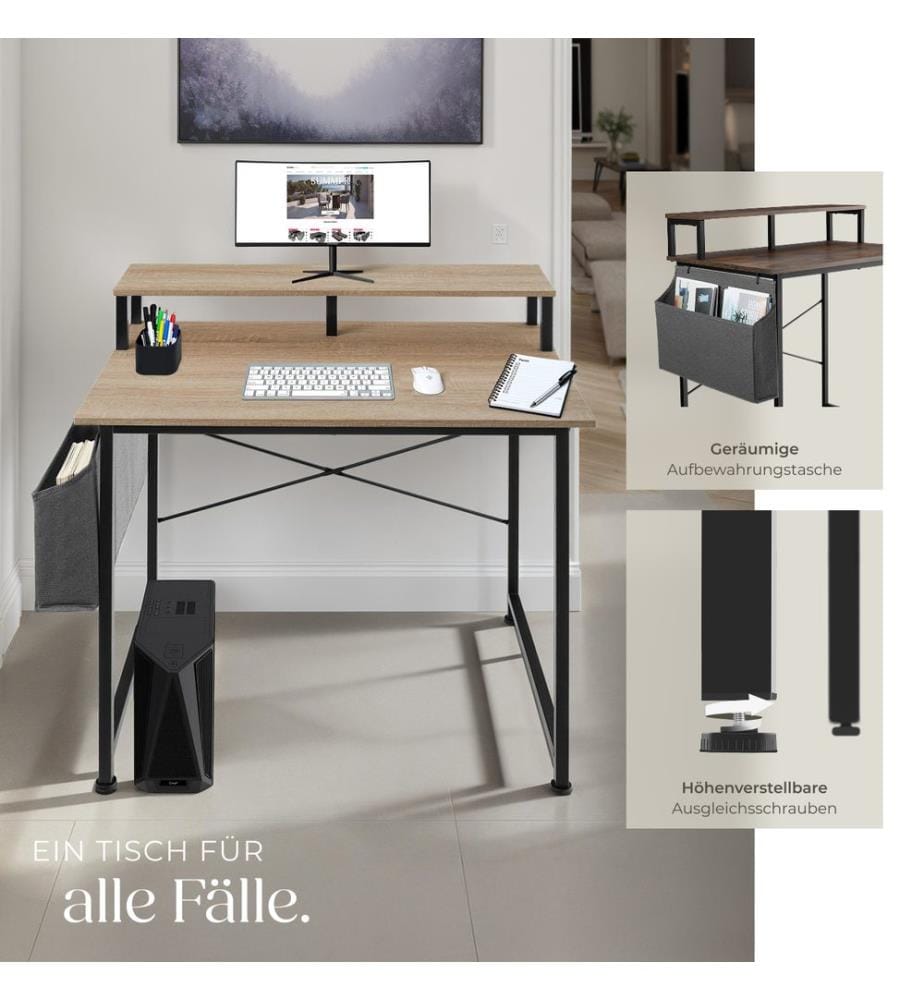 Schreibtisch mit Ablage und Stofftasche - Industrial Holz hell, Eiche Sonoma, 120 cm