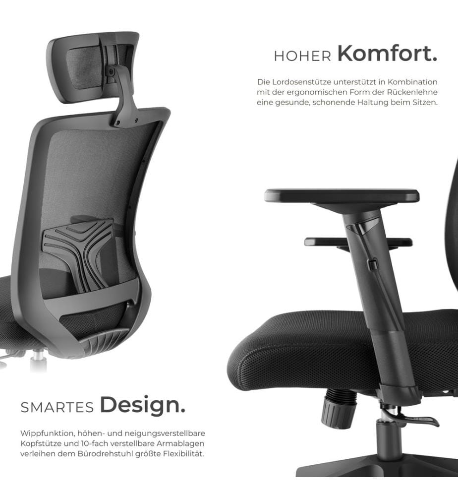 Bürostuhl Phoibe ergonomisch mit verstellbarer Kopfstütze - schwarz