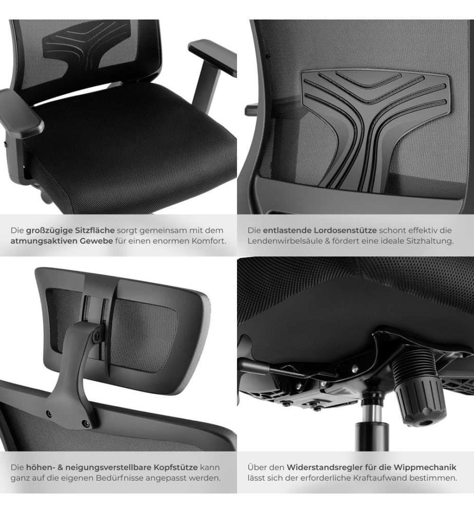 Bürostuhl Phoibe ergonomisch mit verstellbarer Kopfstütze - schwarz