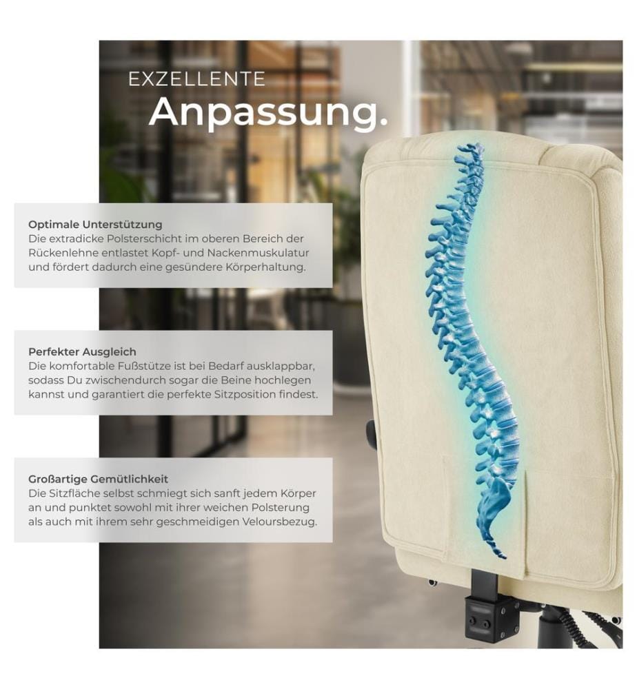 Bürostuhl Jillien mit Fussstütze und Velours - beige