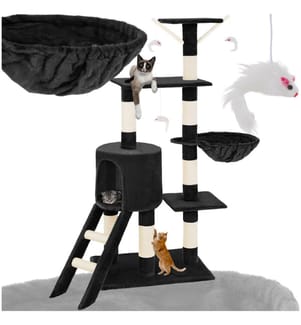 Cat Tree Dominik - 144 cm, sisal cat scratching post, mice & anti-tip protection - black