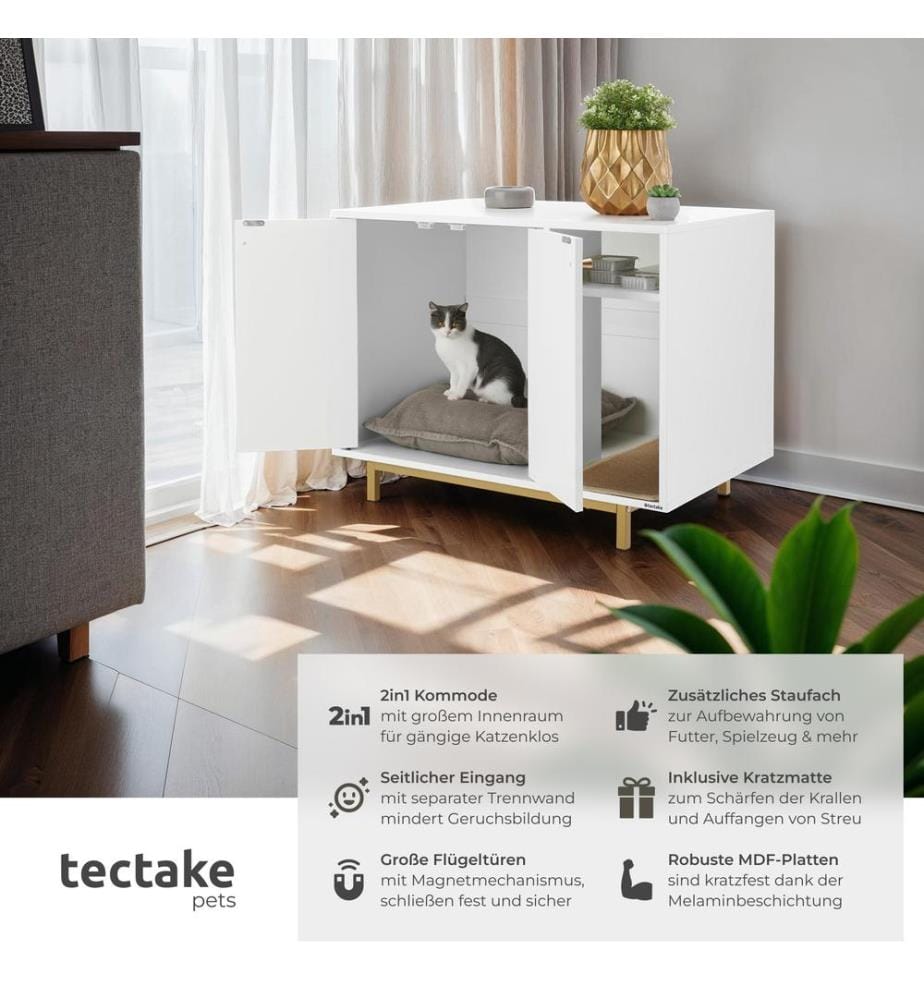 Armoire pour chat KALEA entrée latérale avec un tapis à griffer inclus - blancdoré