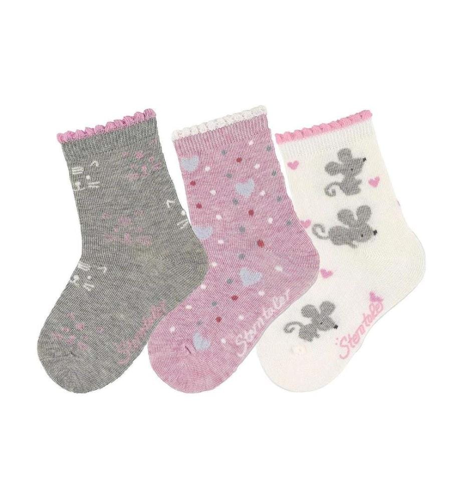 STERNTALER - Chaussettes Set de 3 chats/souris gris clair/rose/beige Taille 19 - 22
