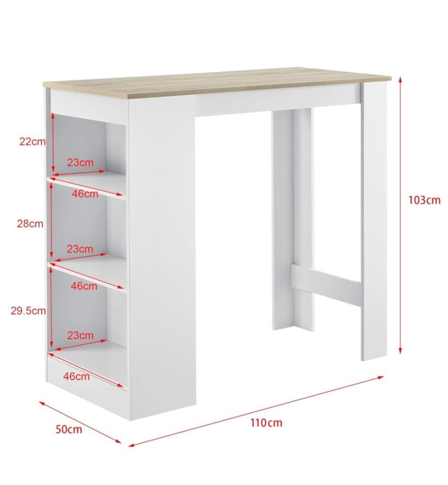 Bartisch Kouvala 110x50x103 cm Hausbar mit 3 Fächern Weiss Eichenoptik