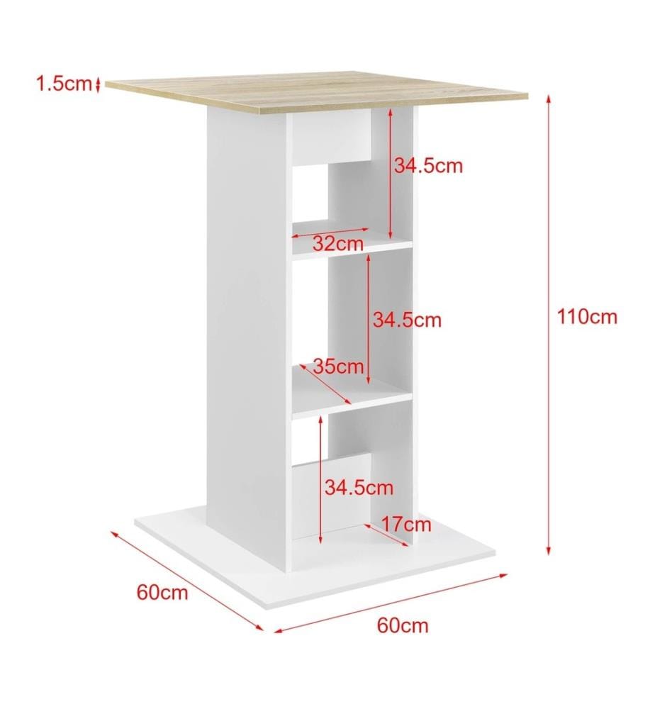 Bartisch Visby 110x70x70 cm mit 3 Regalfächern Weiss Eiche-Optik