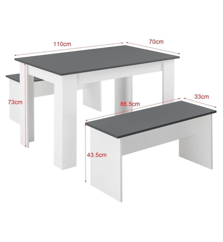 Ensemble table et banc Hokksund 110x70 cm avec 2 bancs Blanc Gris