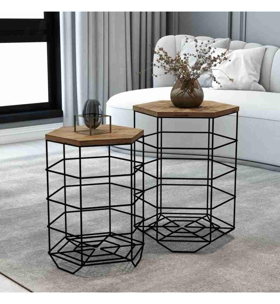 Set de tables d'appoint Hørsholm 2 pièces Panier métallique Noir Couleurs bois