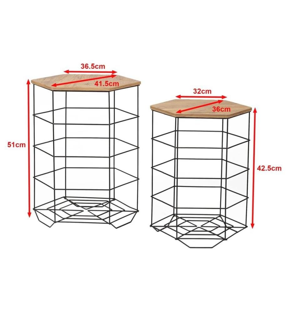 Set de tables d'appoint Hørsholm 2 pièces Panier métallique Noir Couleurs bois